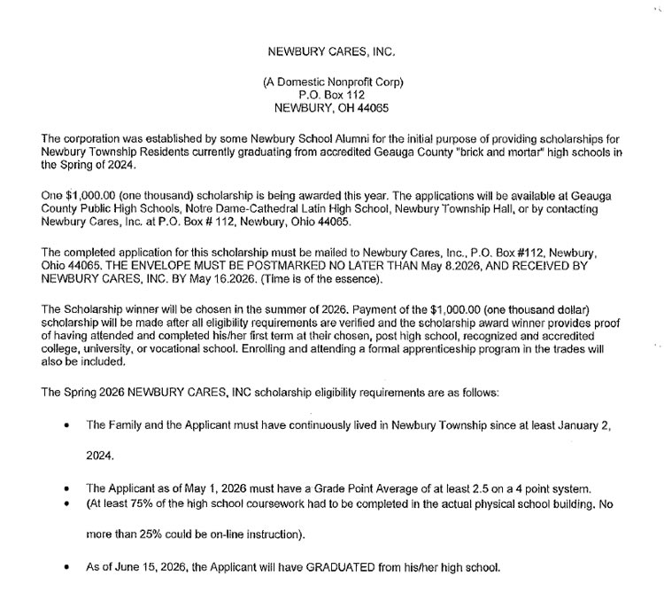 Newbury Cares Scholarship Application